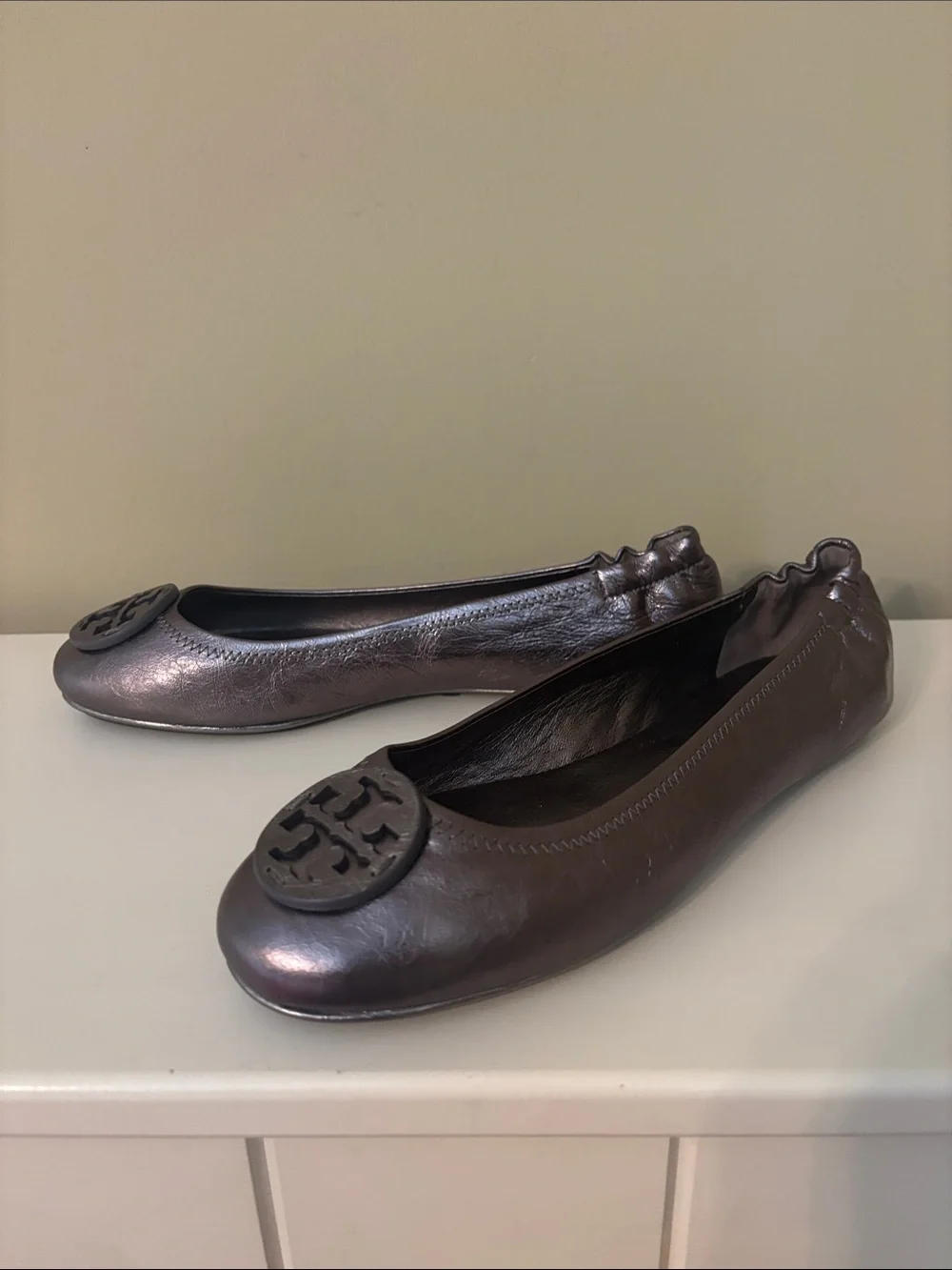 Tory Burch Minnie Travel Ballet Flats Gunmetal Metallic Pewter